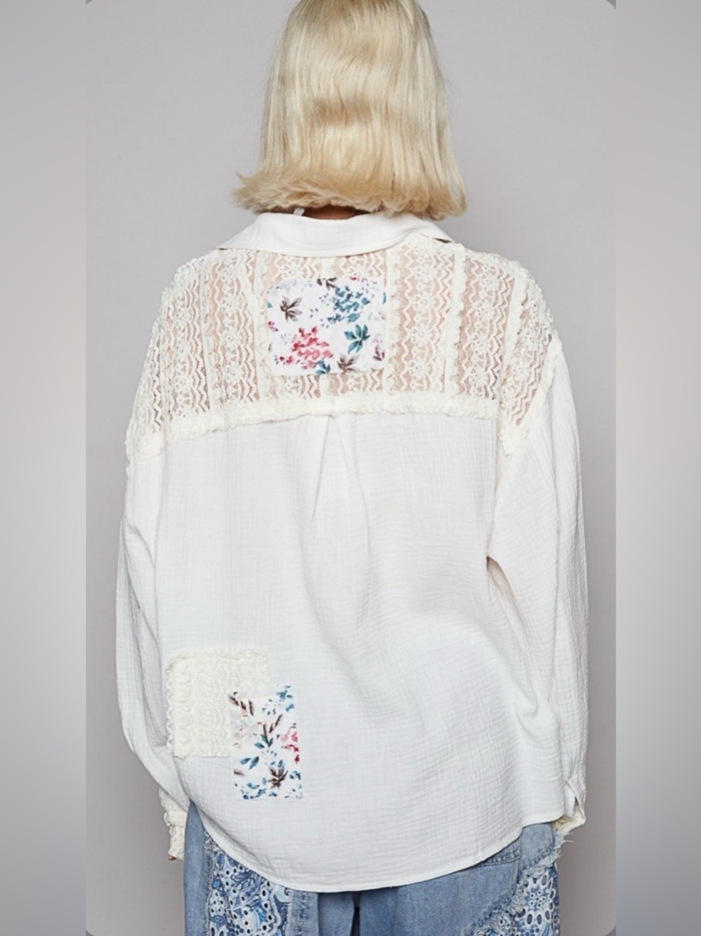 POL Ivory Lace-Up Patchwork Peasant Tunic - Picture 2 of 9